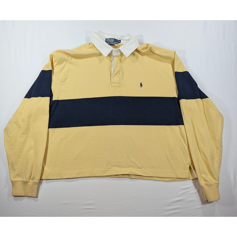 Polo Ralph Lauren Rugby Shirt XL Yellow Navy Blue Striped Long Sleeve Cotton